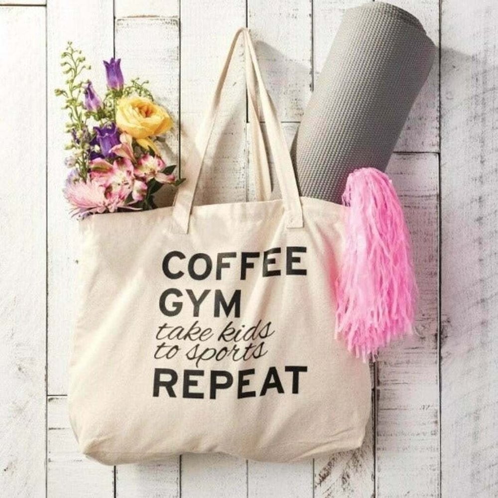 Canvas Reusable Tote Bag, "COFFEE GYM‎ Take Kids to Sports REPEAT" Mother's Day